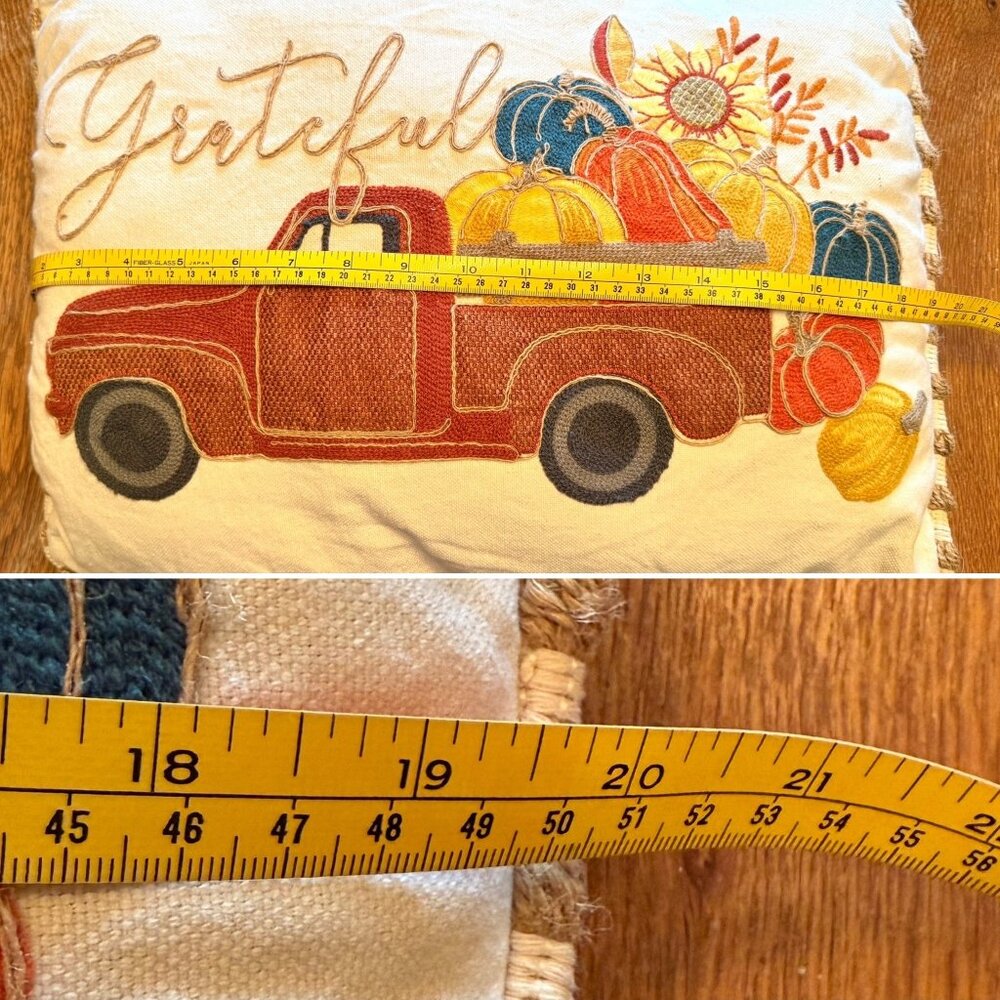 Grateful Fall Truck Pillow 20in x 15in Harvest Pumpkins Embroidered Autumn Decor - Picture 7 of 13
